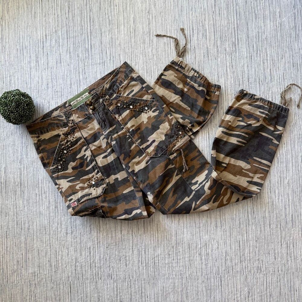 Miss Me Y2K Camo Cargo Pants Bling Rhinestone Studded Utility Wide Leg Size Larg